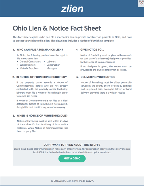 Ohio Notice of Furnishing Form Download Free With Fact Sheet