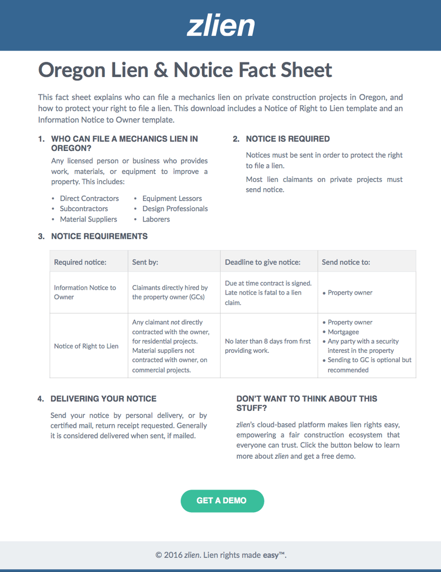 Oregon Notice of Right to Lien Form Download Free With Fact Sheet